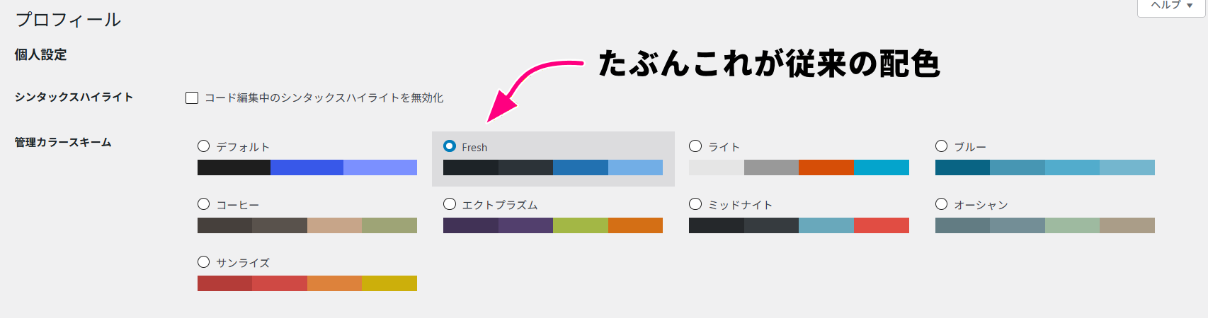 ワードプレスの左メニューの「ユーザー」から「プロフィール」を開いたところ